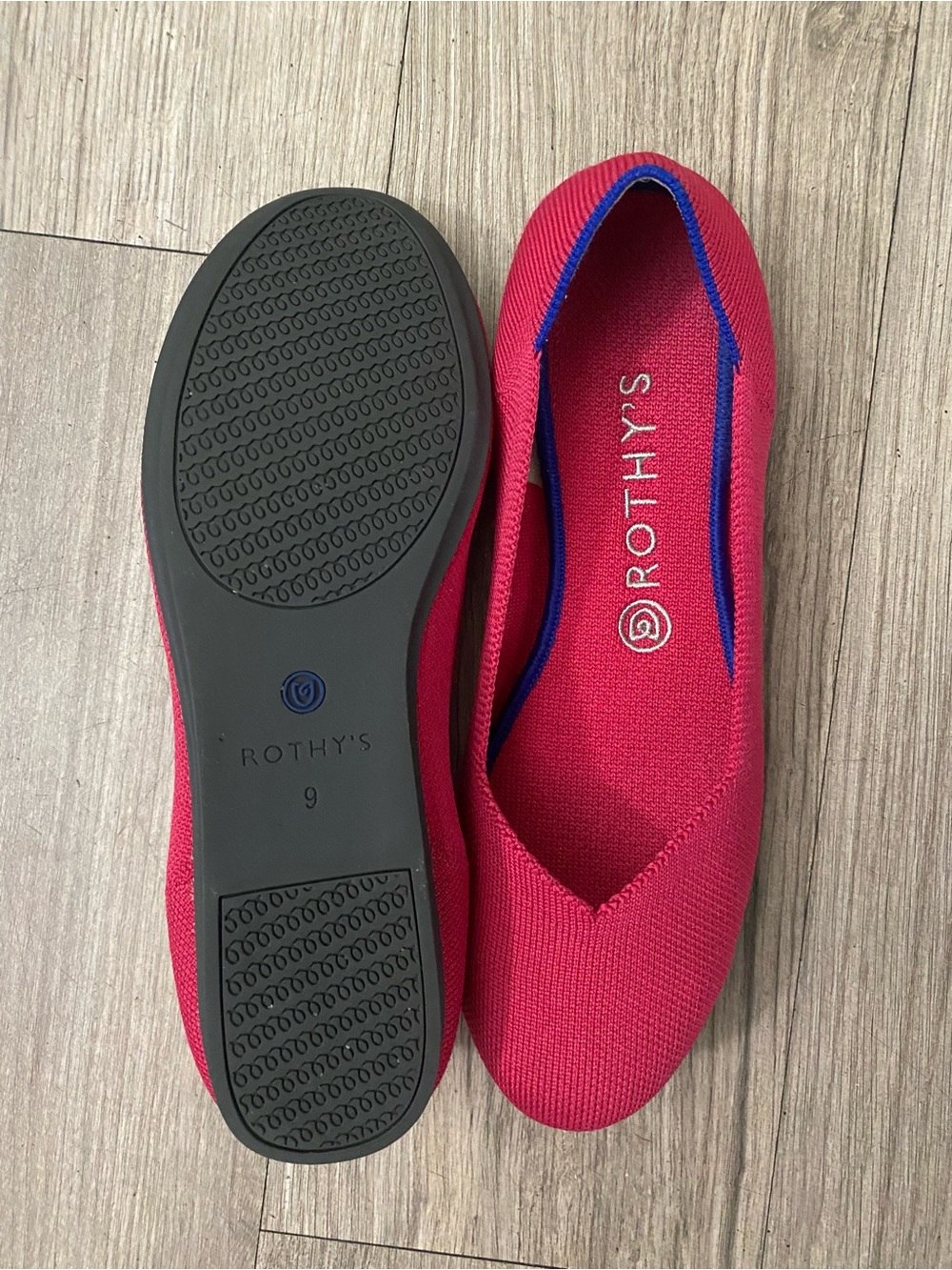 Rothy's Bright Pink Knit V-Cut Flats with Blue Trim - Picture 4 of 12